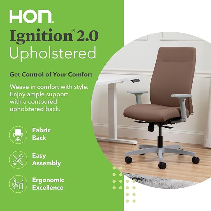 HON Ignition 2.0 Fabric Office Chair, Upholstered, Adjustable Arms, Standard Synchro-Tilt Recline Executive Ergonomic Office Chair, Titanium Frame, Bark