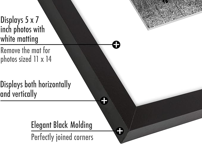 Americanflat 11x14 Picture Frame with Shatter-Resistant Glass - Use as 5x7 Frame with Mat or Display 11x14 Photo Without Mat - Signature Collection - Picture Frames for Wall Display - Black