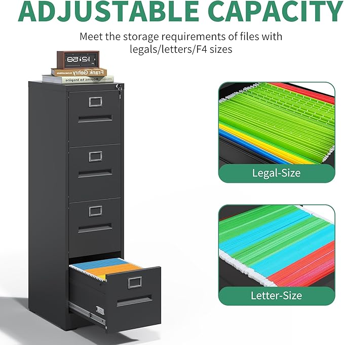 4 Drawer File Cabinet,Black Vertical File Cabinet with Lock for A4/Letter/Legal Size Files,Steel Filing Cabinets for Home Office,Assembly Required