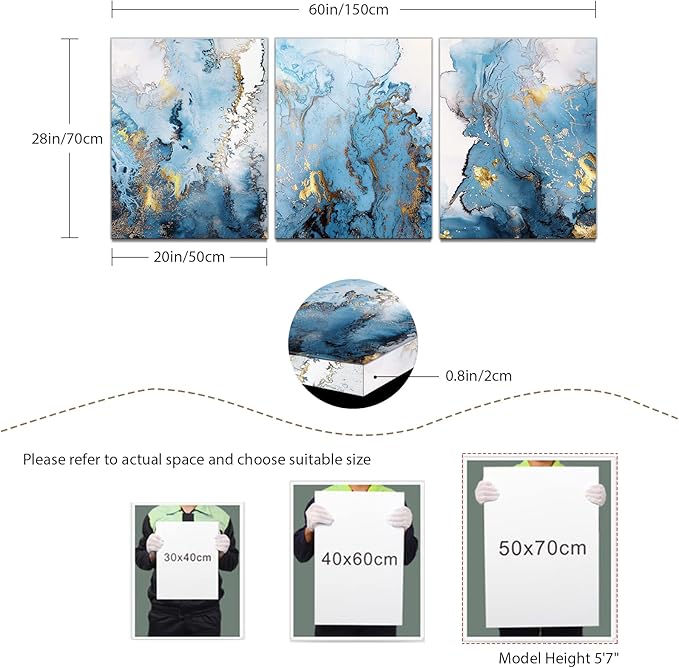 SERIMINO Blue Abstract Canvas Wall Art for Living Room, Navy and Gold Fluid Marble Wall Decor for Bedroom, Bathroom, Office, Home Decor, Set of 3 Print Painting, 20"X28"