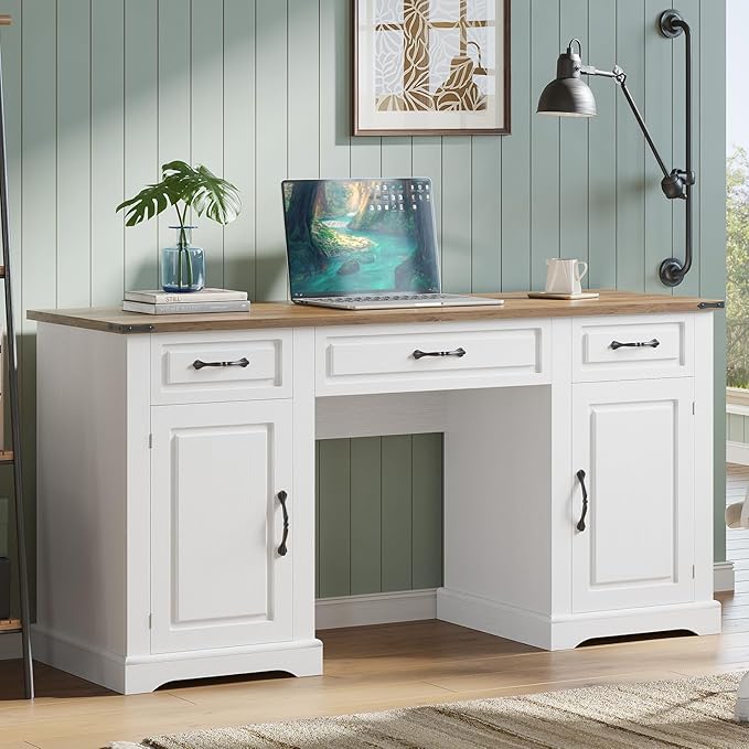 IDEALHOUSE 60" Farmhouse Executive Desk with Drawers, Wood Home Office Desk with Storage Cabinet, Rustic Computer Writing Desks for Home, Study, Work, Antique White