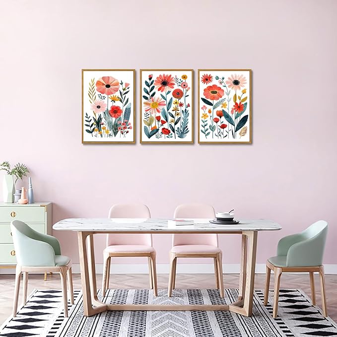 KISSFOX Colorful Wildflower Canvas Wall Art Set Of 3 Flowers Pictures Prints Flowers Printing Floral Watercolors Flower wall Decor Living Room Girls Bedroom Bathroom (Blue Orange, 12"x16" Natural Framed, Framed)
