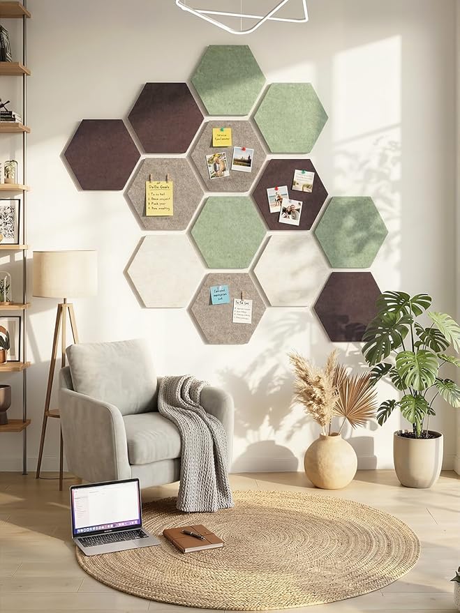 8 Pack Hexagon Felt Bulletin Board Tiles - 11.8" Large Thick Pin Board for Walls with 30 Push Pins, DIY Boards for Office Home School Decor, Aesthetic Hex Cork Board Alternative