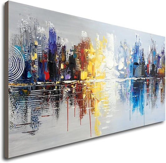 Hand-painted Textured City Oil Painting on Canvas Reflection Abstract Cityscape Wall Art for Decor