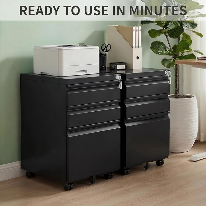 3 Drawer Metal File Cabinet with Lock, Fully Assembled Rolling Filing Cabinet for Home Office, Mobile Under Desk Storage with Wheels, Fits Letter/Legal/A4 Files (Black)