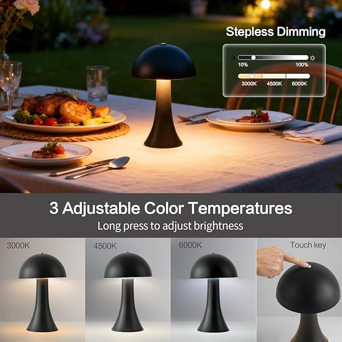 2 Pack Cordless Black Table Lamp, Portable LED Desk Lamps, 1800mAh Battery Operated, 3 Color Stepless Dimming Up, for Restaurant, Bedroom, Outdoor Camping, Coffee Shop, Night Light, Rechargeable