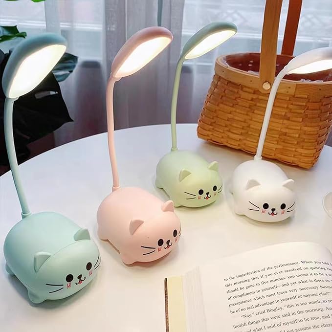 LED Desk Lamp for Kids, Cute Cat Lamp USB Rechargeable Reading Light,Portable LED Table Light, Flexible Gooseneck Eye-Care Cartoons Small Desk Lamp Girls Gifts (White)