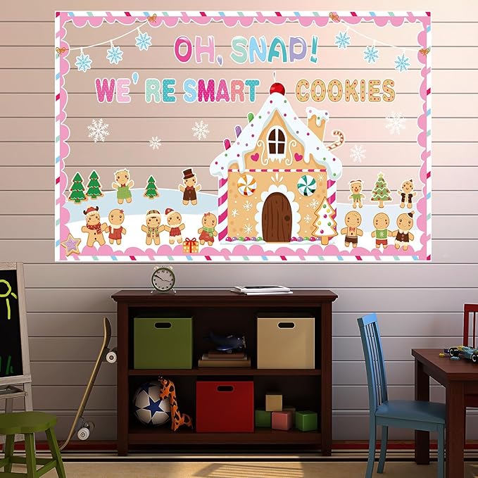 Christmas Gingerbread Bulletin Board Decorations Set with Borders Winter Xmas Holiday Classroom Decor for Teachers Gingerbread Man House Cutouts for Class School Classroom Bulletin Board Decoration