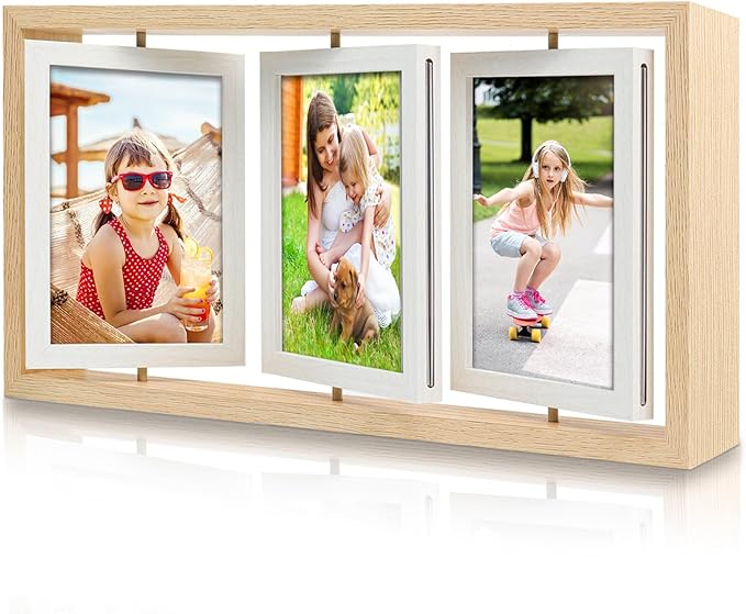 ZEEYUAN 4x6 Rotating Picture Frame Rustic Double Side Family Photo Frame, 4x6 Floating Wooden Picture Frame Vertical Collage Photo frame for Tabletop Display
