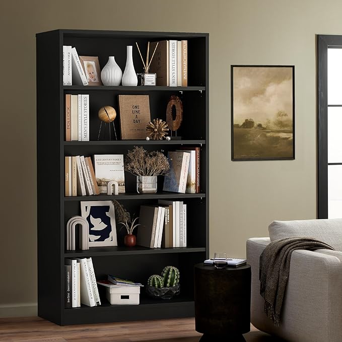 Soohow 5 Shelf Bookcase,60 Inch Wood Tall Bookshelves for Living Room,Black