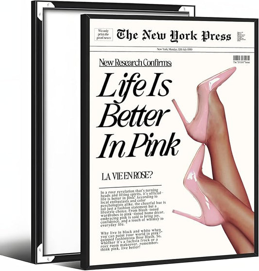 Trendy Baby Pink Hot Girl Poster Life Is Better In Pink Newspaper Wall Art Retro High Heel Picture 70s News Headline Canvas Prints Aesthetic Decor for Girly Bedroom Dorm 12x16inch Aluminum Framed