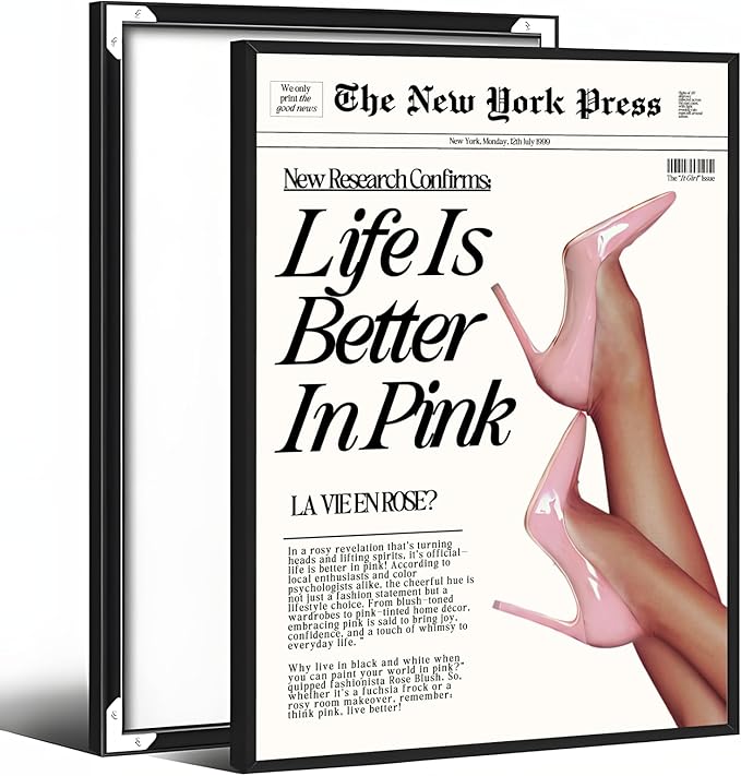 Trendy Baby Pink Hot Girl Poster Life Is Better In Pink Newspaper Wall Art Retro High Heel Picture 70s News Headline Canvas Prints Aesthetic Decor for Girly Bedroom Dorm 24x36inch Aluminum Framed