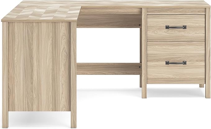 Signature Design by Ashley Battelle Casual L-Shaped Chevron Pattern 60" Home Office Desk with Return, Drawer and Cabinet, Light Brown