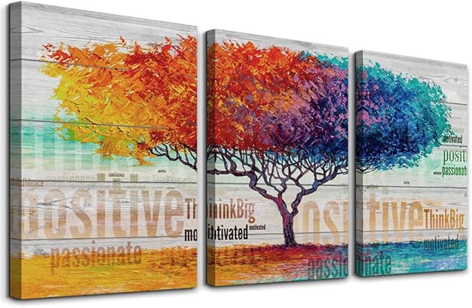 Boho Abstract Color Tree Wall Paintings - 3 Piece Set for Living Room, Bedroom, Office & Bathroom - Ready to Hang Artworks
