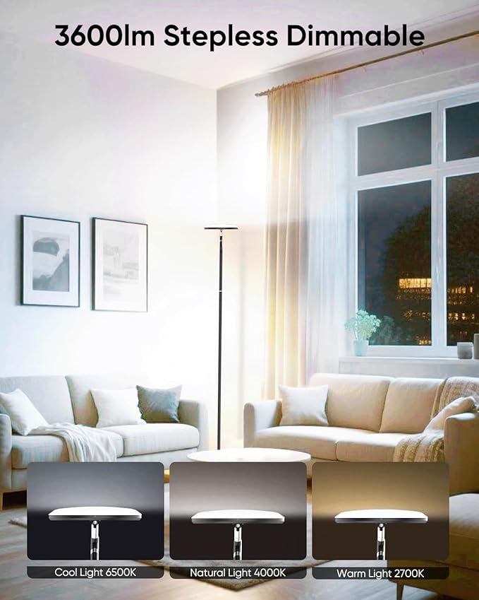 LED Floor Lamp, 36W Super Bright Standing Lamp with Remote & Touch Control, 69" Stepless Dimmable Torchiere Tall Lamp, 350° Rotating Head Floor Lamp for Bedroom, Living Room, Office, Black