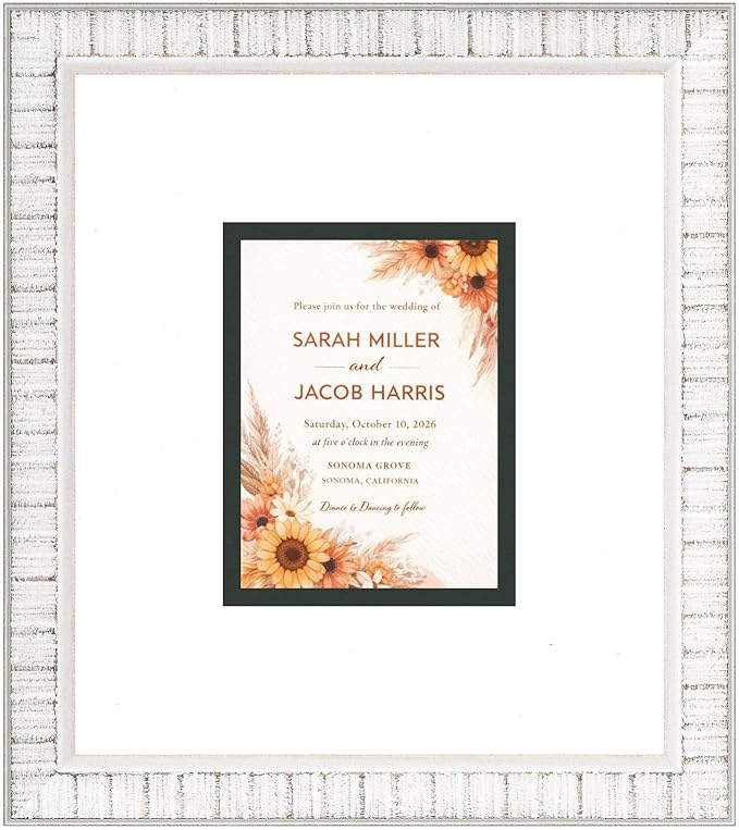 Poster Palooza Wedding Invitation Display Frame 10x11.25 in White With White and Black Double Mat for 4.25x5.5 A2 Keepsake | USA Made