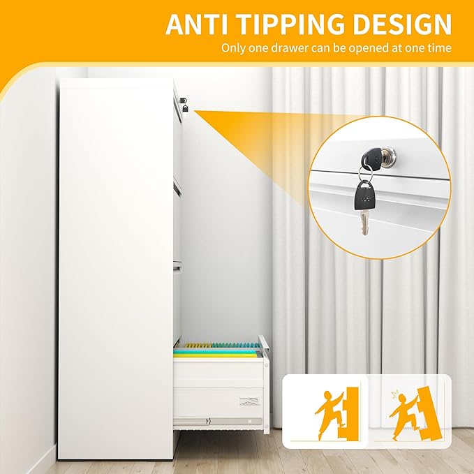 File Cabinet with Lock, 4 Drawer Lateral Filing Cabinet for Home Office, Metal Heavy Duty File Cabinets for Hanging Letter/Legal/F4/A4 Size Files, Assembly Required (White)