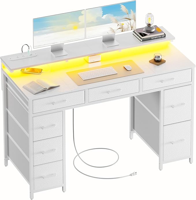 HLDIRECT 47 inch Computer Desk with 8 Storage Drawers, Gaming Desk with LED Lights & USB Power Outlets, Home Office Table with Monitor Stand, Study Writing Work Table for Bedroom, White