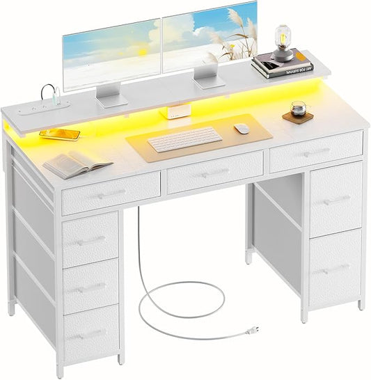 HLDIRECT 47 inch Computer Desk with 8 Storage Drawers, Gaming Desk with LED Lights & USB Power Outlets, Home Office Table with Monitor Stand, Study Writing Work Table for Bedroom, White