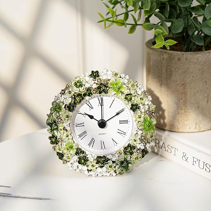 Mini Tabletop Clock, Decorative Vintage Floral Metal Table Clock with Battery Operated for Bedside, Table, Living Room, Home and Office