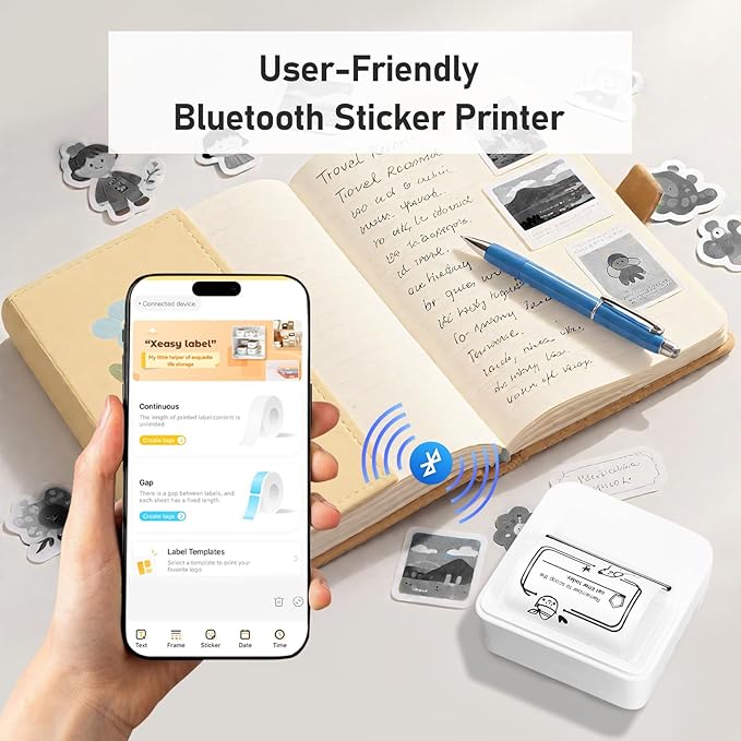 Portable Thermal Mini Sticker Printer: Wireless Bluetooth Label Maker Machine for Small Business Trip Travel Home Office - 2 Inch Label Makers Perfect for iOS & Android Phone