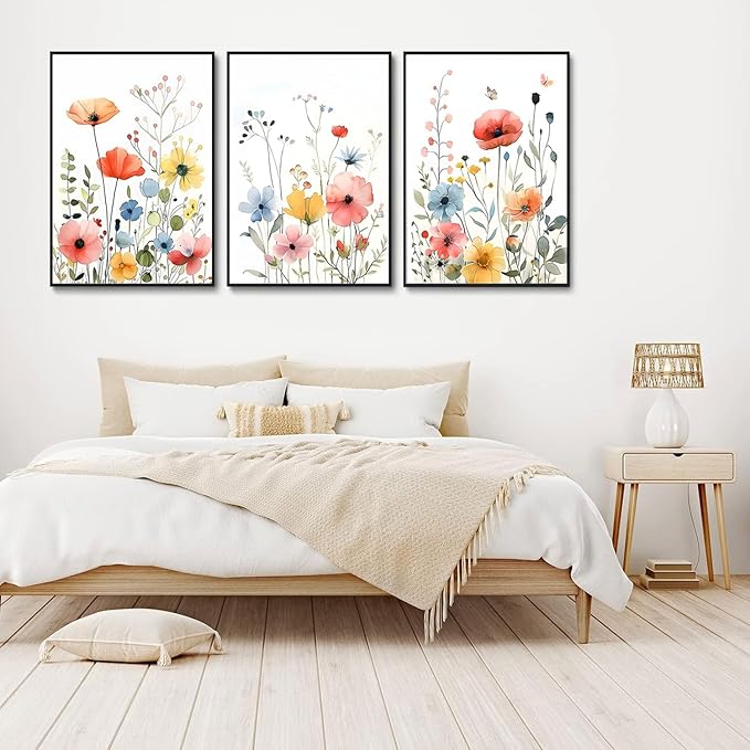 KISSFOX Framed Colorful Wildflower Canvas Wall Art Set Of 3 Flowers Pictures Prints Flowers Printing Floral Watercolors Flower wall Decor Living Room Girls Bedroom Bathroom