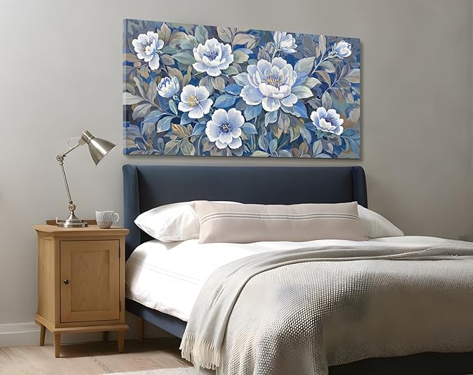 amatop Oversized Wall Art Large Floral Blue Canvas Picture Modern Canvas Wall Decor For Living Room Botanical Artwork Abstract Art Print For Dining Room Bedroom Hallway And Office 58X29
