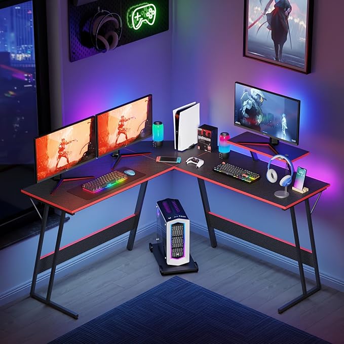 Home Office Desk 50 Inches, Corner Computer Desk, L Shape Desk, Gaming Desk with Large Monitor Stand and Carbon Fiber Surface, Home Office Study Writing Workstation, Black