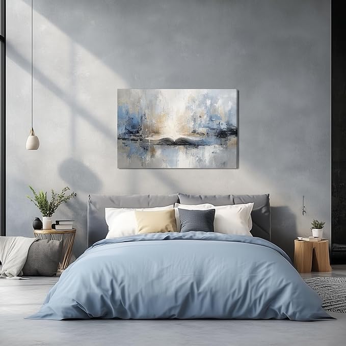 XRZ Abstract Wall Art – Blue and Beige Scripture Canvas – Christian Wall Decor for Living Room Bedroom Office – 36x24 Inch