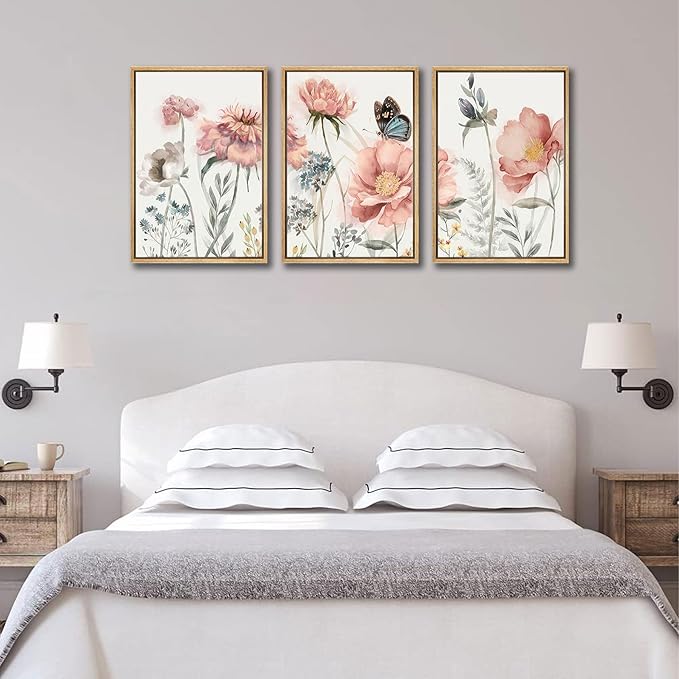 3pcs Pink Peony Floral Canvas Wall Art Butterfly Blossom Posters Prints Watercolor Bouquet Wall Decor Pictures For Living Room Classroom Bedroom Decoration Unframed