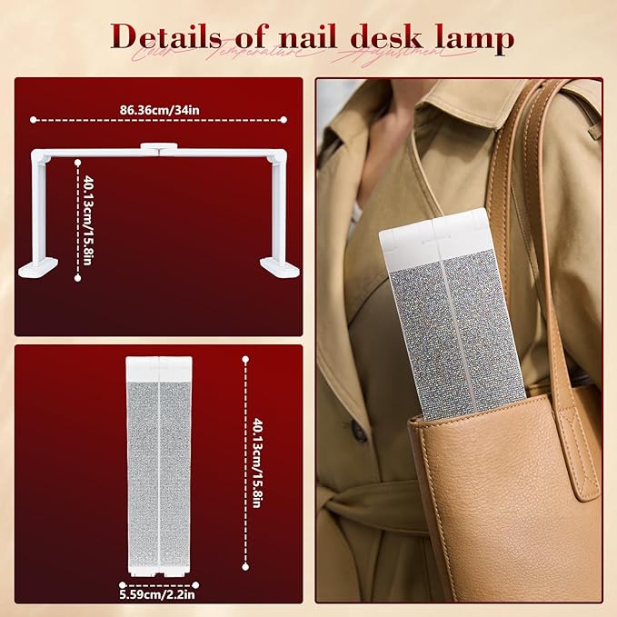 34in Nail Light for Desk Foldable Large Half Moon Lamp Suitable for Nail Tech Beauty Manicure Eyelash Extension Tattoo Eyebrows Crafts Stepless Brightness with 3 Color Modes Infinitely Knob