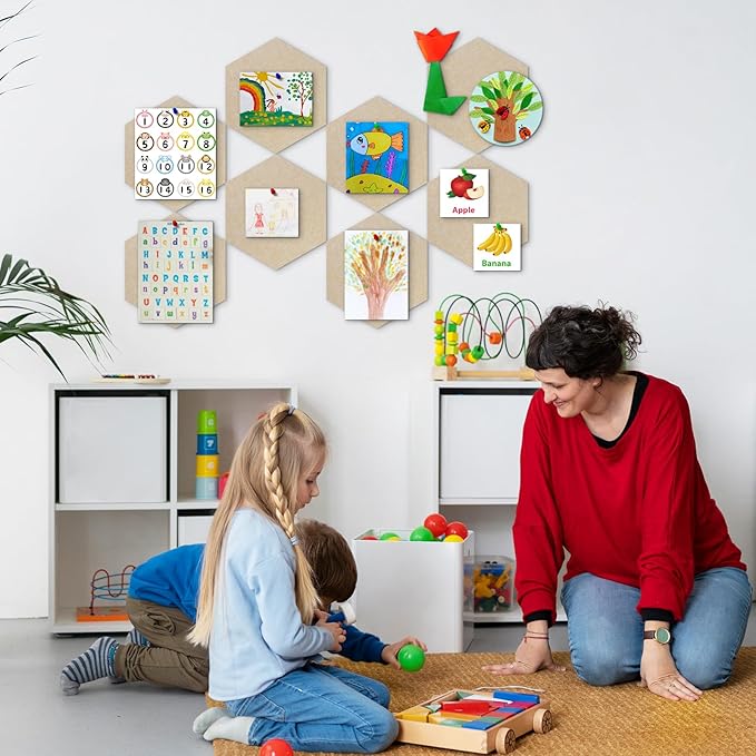 8-Pack Hexagon Felt Cork Board, 1/2" Thick Felt Bulletin Pinboard with 80 Push Pins, Adhesive Tabs, Geometric Cork Wall Tiles for Photos, Memos, Home & Office Decor (Beige)