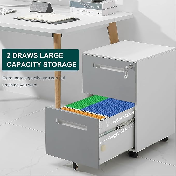2 Drawer Mobile File Cabinet with Lock & Wheel, Under Desk Rolling Vertical Filing Cabinet, Anti-Tipping Design Metal Storage Cabinet for Legal, Letter, A4 (Gray)