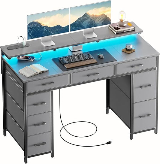 HLDIRECT 47 inch Computer Desk with 8 Storage Drawers, Gaming Desk with LED Lights & USB Power Outlets, Home Office Table with Monitor Stand, Study Writing Work Table for Bedroom, Grey