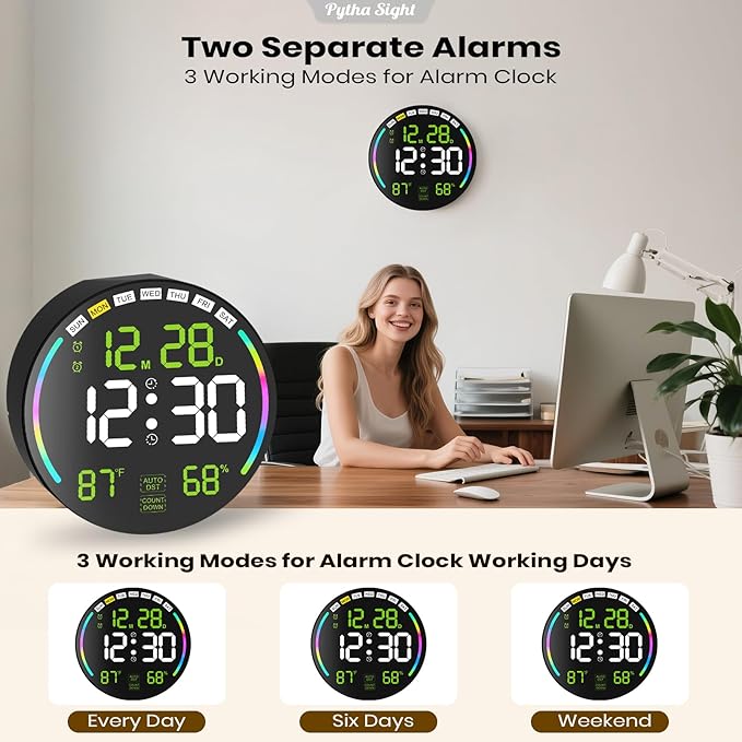 Large Digital Wall Clock with 10.3" LED Display,Alarm,Countdown Timer,DST,Temperature,Humidity,Auto-Dimming,Remote Control,Night Light for Classroom,Bedroom,Living Room,Office,Gym