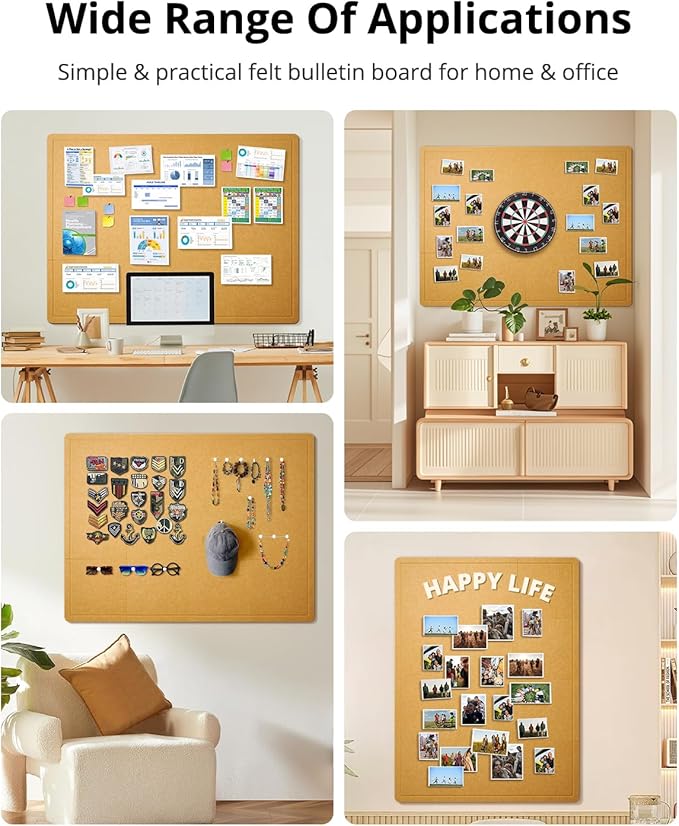 Bulletin Board, 48 x 36 inches Cork Board Alternative, 12 Pack Felt Pin Boards for Walls Home Office Decor, Classroom with 60 Adhesive Tabs Longan Yellow