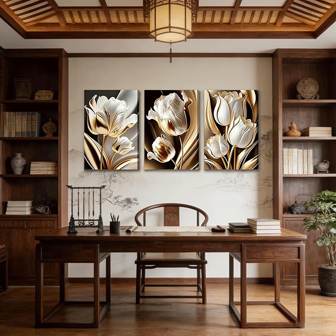 3Pcs Abstract White Gold Floral Canvas Wall Art Modern Luxury Minimalism Painting Pictures Wall Decor tulip Plants Posters Prints Artwork for Living Room Bedroom Office Home Decoration 16 x 24in