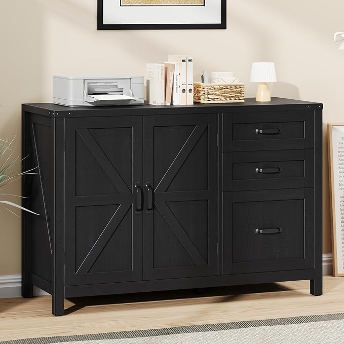 Farmhouse File Cabinet with Doors, Lateral Filing Cabinet with 3 Drawers for Letter/A4 Size Hanging Files, Large Wooden Storage Cabinet with Adjustable Shelves for Home Office, Black