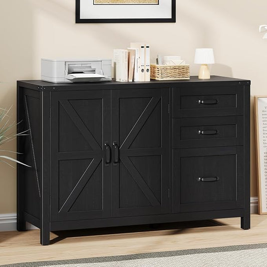 Farmhouse File Cabinet with Doors, Lateral Filing Cabinet with 3 Drawers for Letter/A4 Size Hanging Files, Large Wooden Storage Cabinet with Adjustable Shelves for Home Office, Black