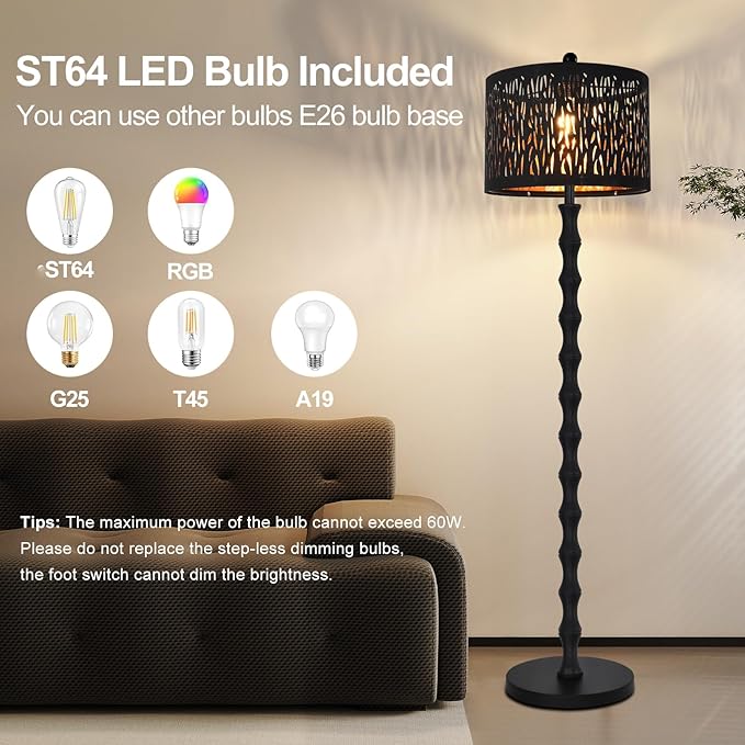 Black Floor Lamp for Living Room Bedroom,Farmhouse Rustic Tall Lamp,Vintage Modern Standing Lamp with Unique Drum Lampshade,Gothic Mid Century Iron Floor Lamp for Office Corner(Bulb Included)