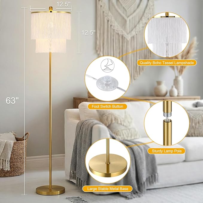 Dimmable Boho Tassel Floor Lamp with Remote Control for Living Room, 63" Tall Fringe Standing Bedroom Lamp with 3 Color Temperature Adjustment, Modern Stand Up Corner Lamp with Tassel Lampshade