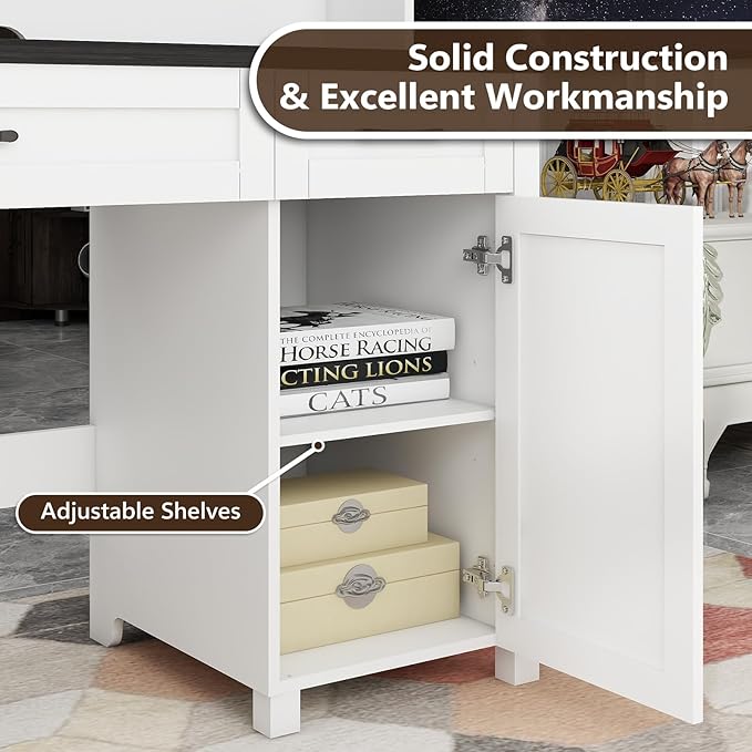 Vabches Farmhouse 47" Executive Desk, Computer Desk with 2 Drawers, LED Light and Storage Cabinet, Home Office Desk with Hutch, Charging Hub, Workstation for Home Office and Study,(Black desktop).
