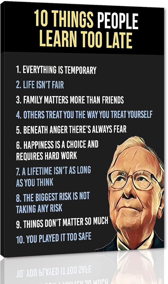Warren Buffett Quotes Ten Things People Learn Too Late Motivational Framed Office Wall Art Poster and Print Inspirational Home Wall Decoration Pictures Framed Easy to Hang-12 Wx16 H