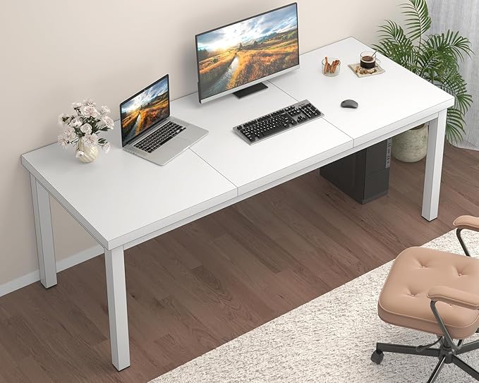 63 Inch Large Computer Desk, Modern Office Desk with Adjustable Feet, Gaming Desk with Deep Desktop, Study Writing Table for Home Office, Work from Home, White