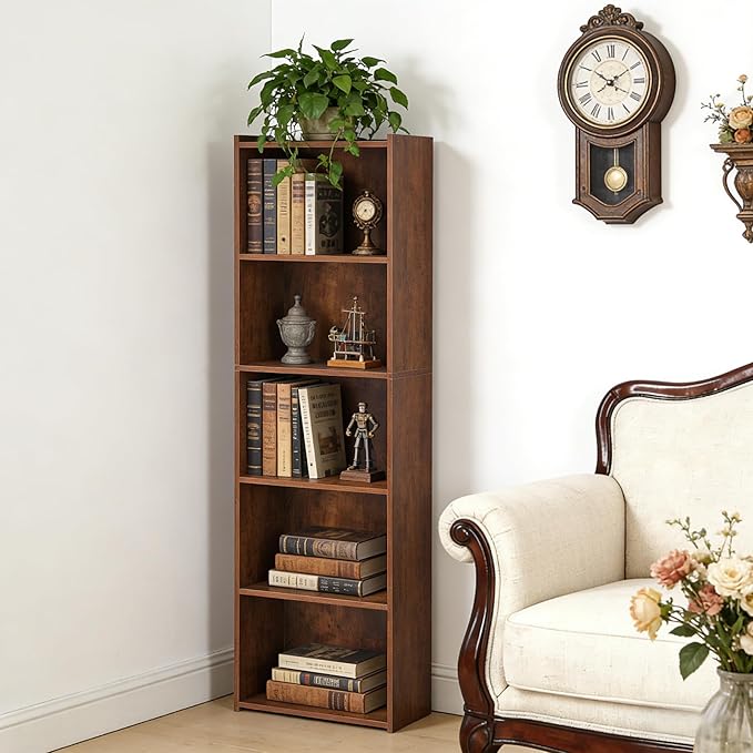 5-Tier Narrow Bookcase for Small Spaces, Freestanding Bookshelf Organizer with Open Shelves for Home Office, Bedroom, Apartment, Kids Room, Storage for Books, Toys and Bins, Rustic Brown