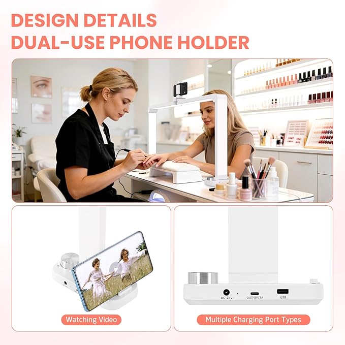 Half Moon Light for Nail Desk with Phone Holder, Large Square Nail Lamp for Desk, Professional Manicurist Desktop Lamp, LED Light Suitable for Manicures, Tattoos, and Sewing, White