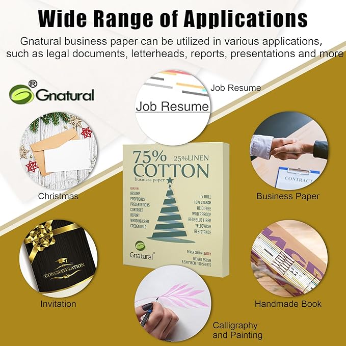 75% Cotton 25% Linen Business Paper, Ivory 85gsm 8.5"W x 11"L Resume Paper, Won't Get Wet Printing Paper 100/Box with Low Starch