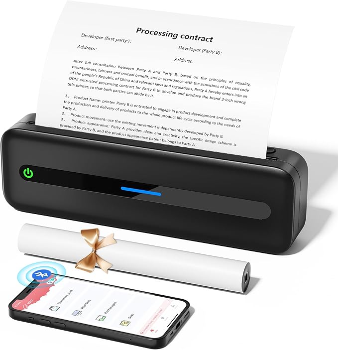 Portable Printer, 300DPI Wireless Bluetooth Thermal Printers, Support Multi-Size Thermal Paper, Compatible with iOS, Android & PC, Inkless Mobile Printer for Travel, Office, School, Black