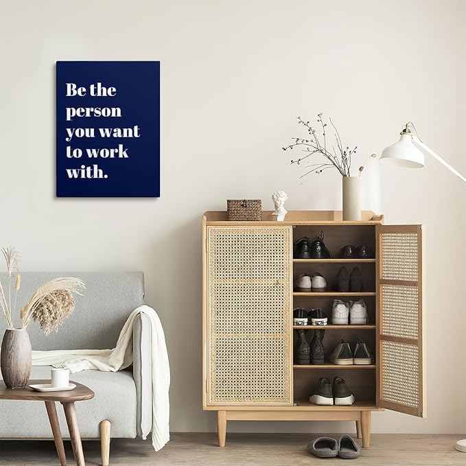 XWELLDAN Be The Person You Want to Work With Inspirational Quote Wall Art Canvas Prints,Team Work Motivational Quotes Wall Art Decor for Home Office Workplace, 11 x 14 Inch, Framed(Navy blue)