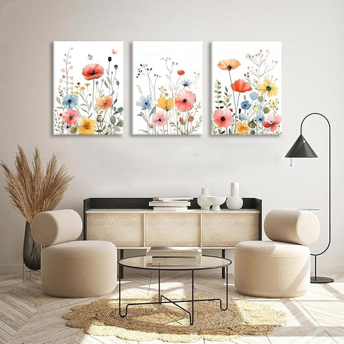 KISSFOX Framed Colorful Wildflower Canvas Wall Art Set Of 3 Flowers Pictures Prints Flowers Printing Floral Watercolors Flower wall Decor Living Room Girls Bedroom Bathroom